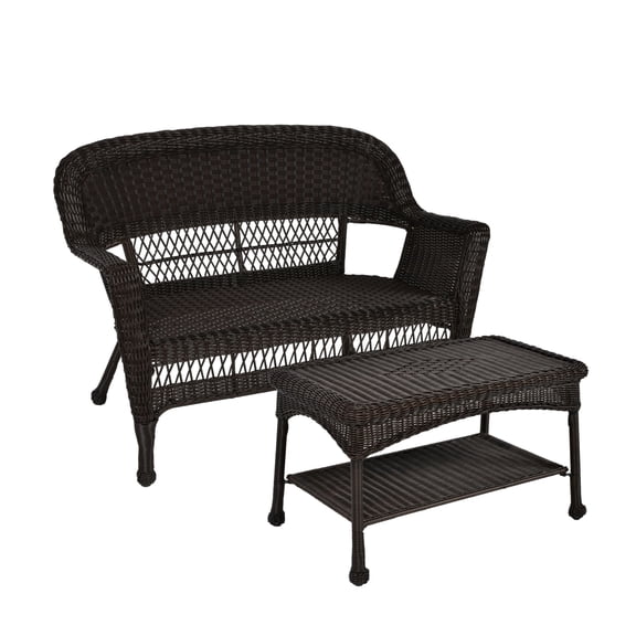 Jeco Wicker Patio Love Seat and Coffee Table Set in Espresso without Cushion