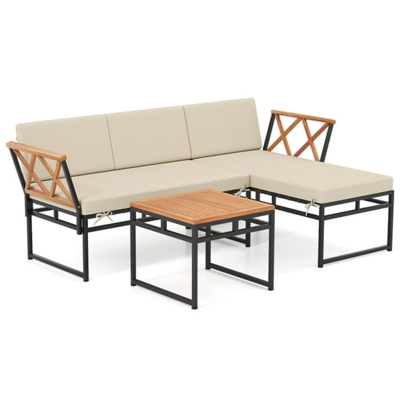 Furnibear 3 Piece L Shaped Patio Furniture Set, Acacia Wood Outdoor Sectional Sofa Set with Cushions and Table for Porch Poolside, Beige