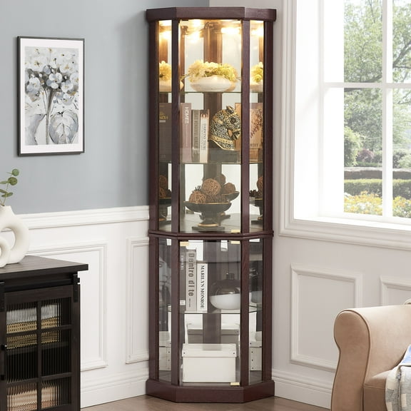 PORKISS Lighted 3-Side Glass Display Curio Cabinet with Tempered Glass Doors and Shelves, China Cabinet Wood Corner Cabinet with Bulb, Corner Curio Storage Rack for Bar, Liquor Storage, Cherry