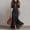 Black, variant on Elegant Wedding Guest Dresses for Women Summer Long Faux Denim Short Sleeve Formal Cold Shoulder Mock Neck Slim Fit Mesh Hem Flowy Dresses