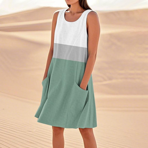 WILLBEST Vestidos Casuales Vestido De Lino Para Mujer Vestido De Playa Informal Hasta La Rodilla Vestido Sin Mangas Vestido Casual Estampado De Verano Con Bolsillos 2914