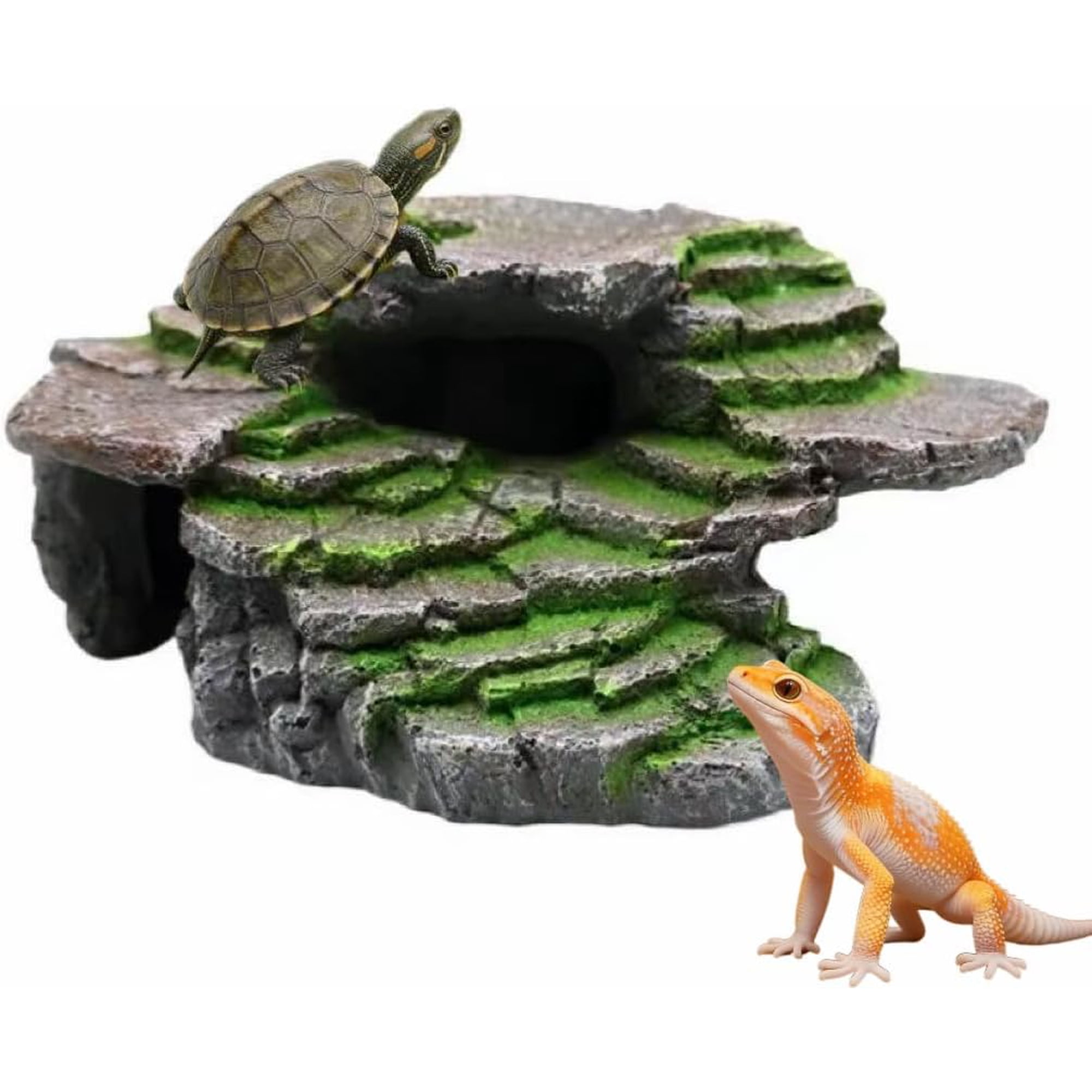 2-Tier Reptile Hideout & Basking Platform, Realistic Rock Habitat for Bearded Dragon, Leopard Gecko & Aquatic Turtles