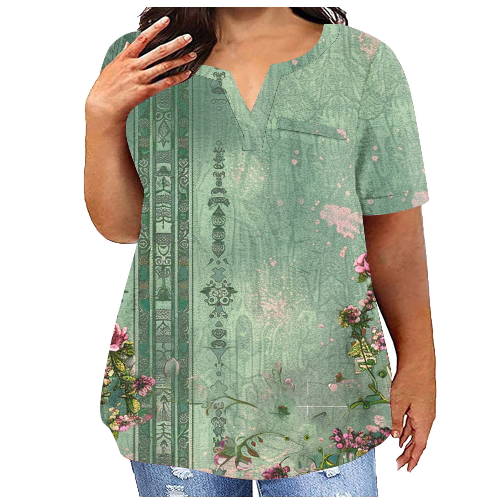 AKOEE Summer Plus Size Cotton T Shirts Womens Loose Fit V Neck Tops Short Sleeve L-5X Stretch Casual Large Tees (5X-Large, Army Green)