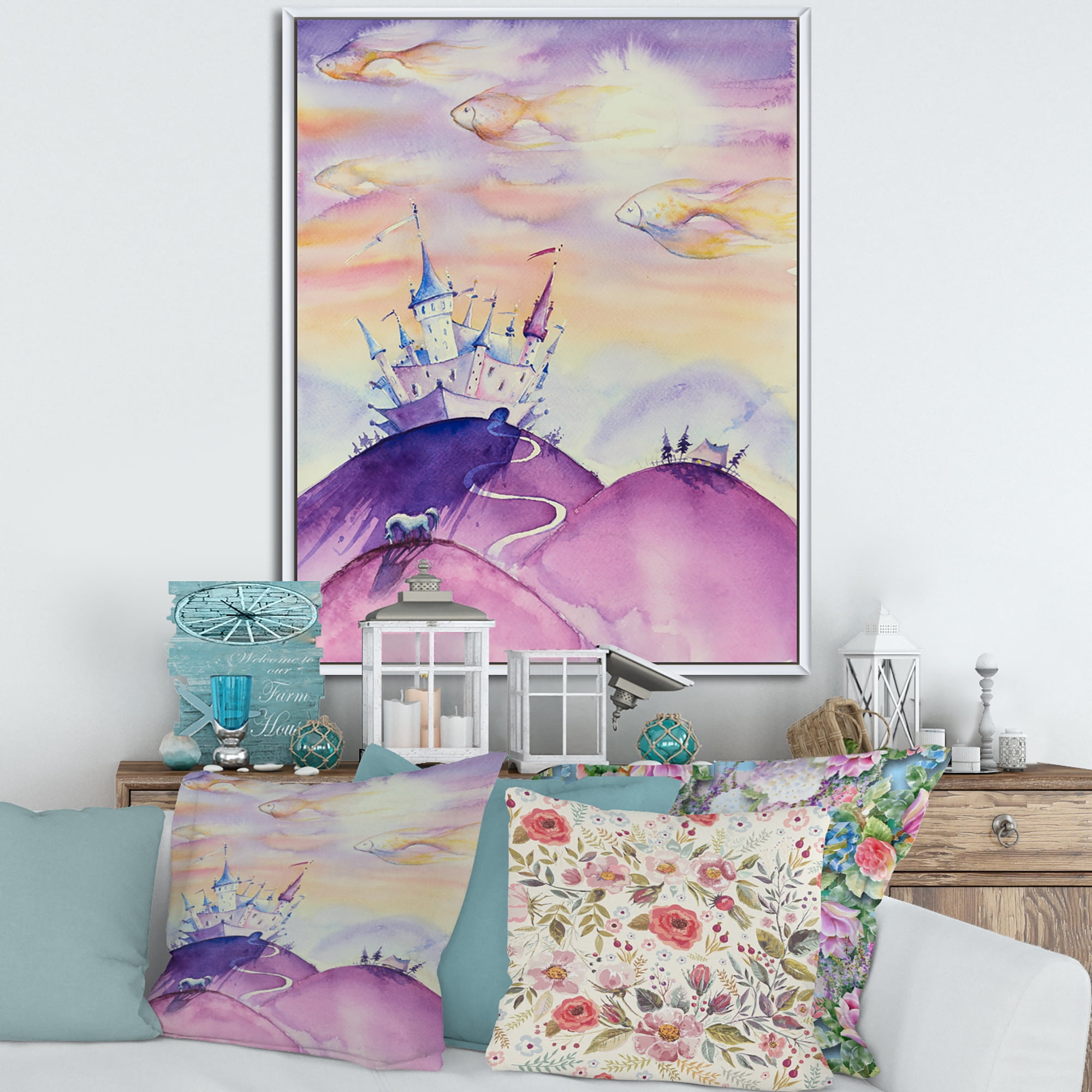 Designart 'Fairy Tale Kingdom Palace On Purple Mountain Top' Children's Art Framed Canvas Wall Art Print