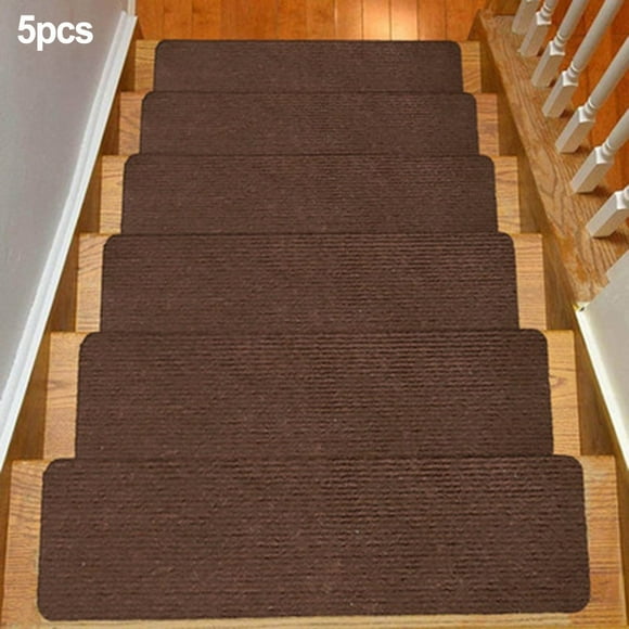 Machine Washable Modern Solid Design Non-Slip Wood Carpet Stair Treads Floor Stair Protectors Device Wash Mat (Brown) 5 Pcs