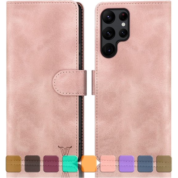 CACOCO-For Samsung Galaxy S22 Ultra 5G Wallet Case With Credit Card Holder, [Rfid Blocking] Pu Leather Phone Case Shockproof Cover Women Men For Samsung S22Ultra Case Rose Gold