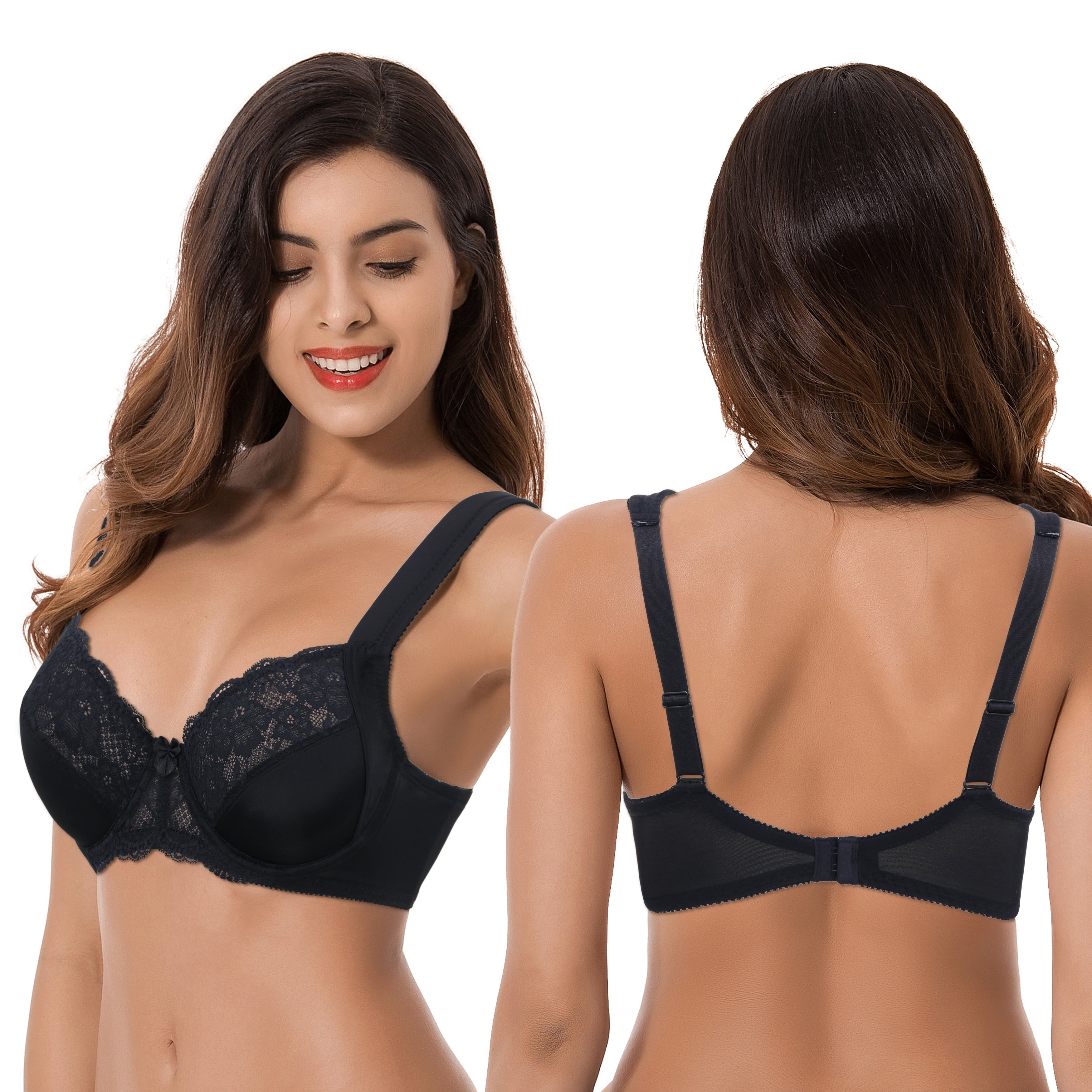 Curve Muse Women's Plus Size Unlined Underwire Lace Bra with Cushion Straps-Rose,Black- Size:42D