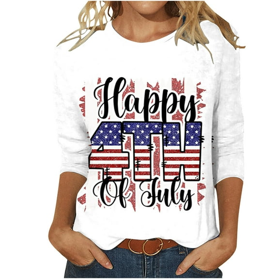 Fanxing American Flag Shirt for Women 4th of July T-Shirt USA Flag Patriotic Tee Tops 3/4 Sleeve American Flag Graphic Tee Shirt Blue,Dark Blue,Red,Wine,S,M,L,XL,XXL