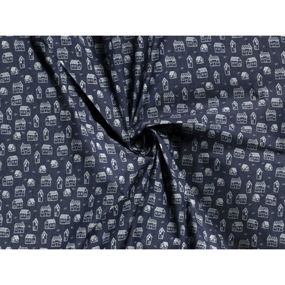 Buildings Print Stretch Woven Denim Dress Fabric Navy - per yard