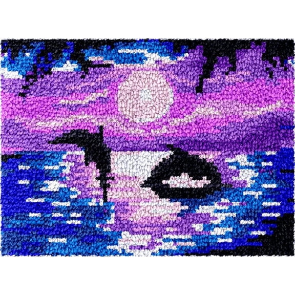 Purple Dolphins Latch Hook Kits Rug DIY Cushion Tapestry Making Crochet Hook Mat Making Kits Color Preprinted Pattern Canvas DIY Carpet Needlework Crochet Kits 52x38cm (U11-24)