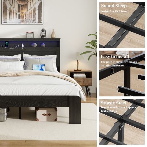 Euroco Wood King Size Platform Bed with Storage Headboard, LED Light and USB Charging Station, Black