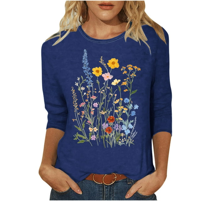 Liquidation d'Économies! Hauts Grande Taille pour Femmes BEFOKA en Liquidation, Blouse Décontractée d'Été T-shirt pour Femmes, Mode Féminine T-shirt Imprimé Col Rond Manches 3/4 Chandail Blouse