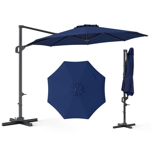 Costway Parasol Déporté de Patio 10 Pi avec Rotation à 360°, Réglage d'Inclinaison Facile, 8 Baleines Bleu Marine