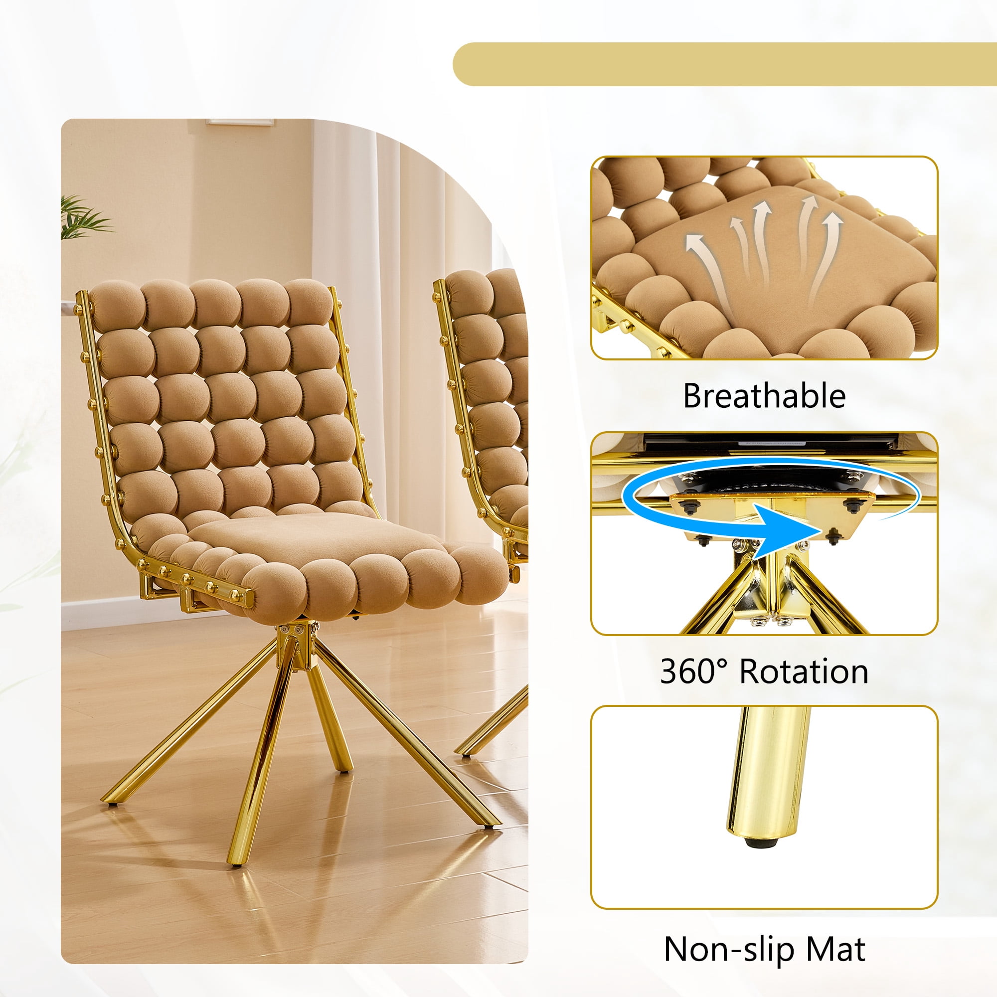 Aukfa Velvet Swivel Dining Chairs Set of 2, Modern Bubble Tufted Kitchen Side Chairs, Gold Metal Legs,Brown