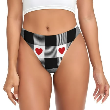KLL Heart Black Buffalo Plaid Gingham for Women Underwear Thongs Sexy G-String for Women Seamless Panties Undies Low Rise Thong Panties Fit for Everyday Wear/Yoga/Special-X-Small