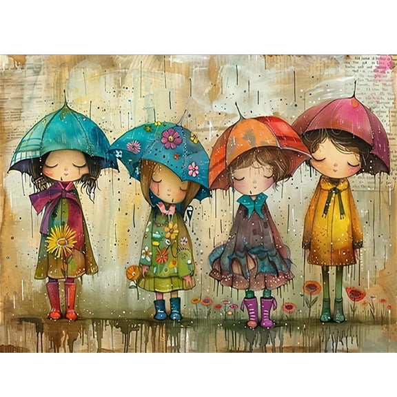 BYGFHLYW 5D Diamond Painting Kits for Adults, Cute Girls Umbrella Rain Full Drill DIY Diamond Art, Whimsical Landscape Home Wall Decor Gift, 16 x 12 Inch