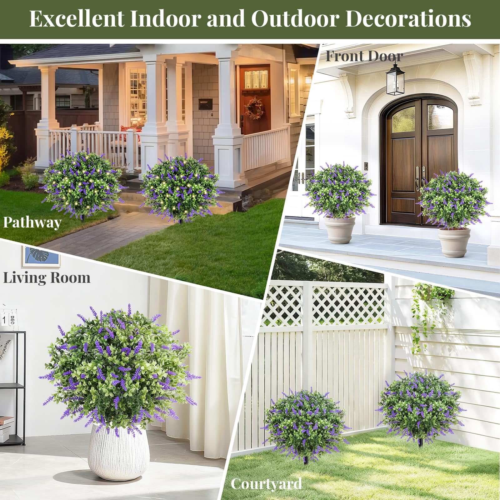 Lewondr Artificial Lavender Boxwood Topiary Ball Plants, 2 Pack Fake Plants for Outdoor with LED Lights, Faux Bushes with Ground Spike for Garden, Patio, Porch, Yard Decor
