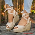 thumbnail image 3 of Rokment Womens Platform Wedge Strappy Dressy Sandals Bride Wedding Elegant Casual Suede Peep Toe Espadrilles Chunky High Heels Beach Dress Summer Shoes Beige Size 6.5, 3 of 6