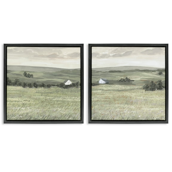 Stupell Industries Traditional Distant Farmhouse Field Landscape & Nature Painting Black Floater Framed Canvas Art Print Wall Art, 18 x 18, Set of 2