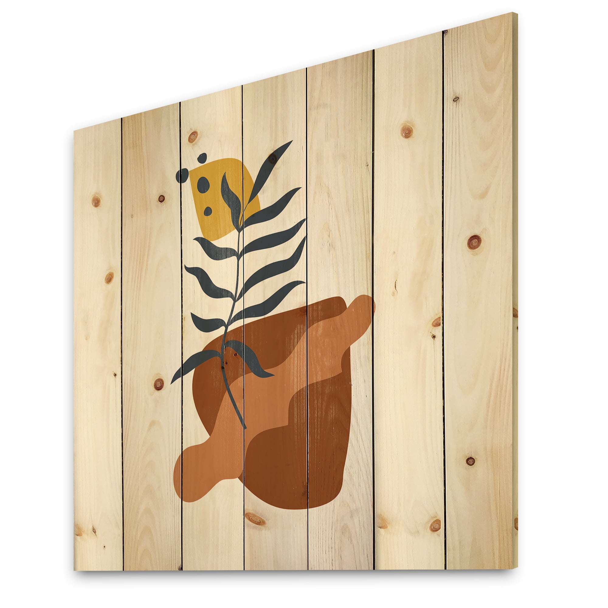 Designart 'Abstract Flowers Plants With Elementary Shapes VI' Modern Print on Natural Pine Wood