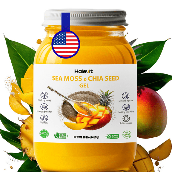 Halevit Wildcrafted Irish Sea Moss Gel, Chia Seed, Mango Pineapple, 16 Oz, Raw Supplement Made in USA