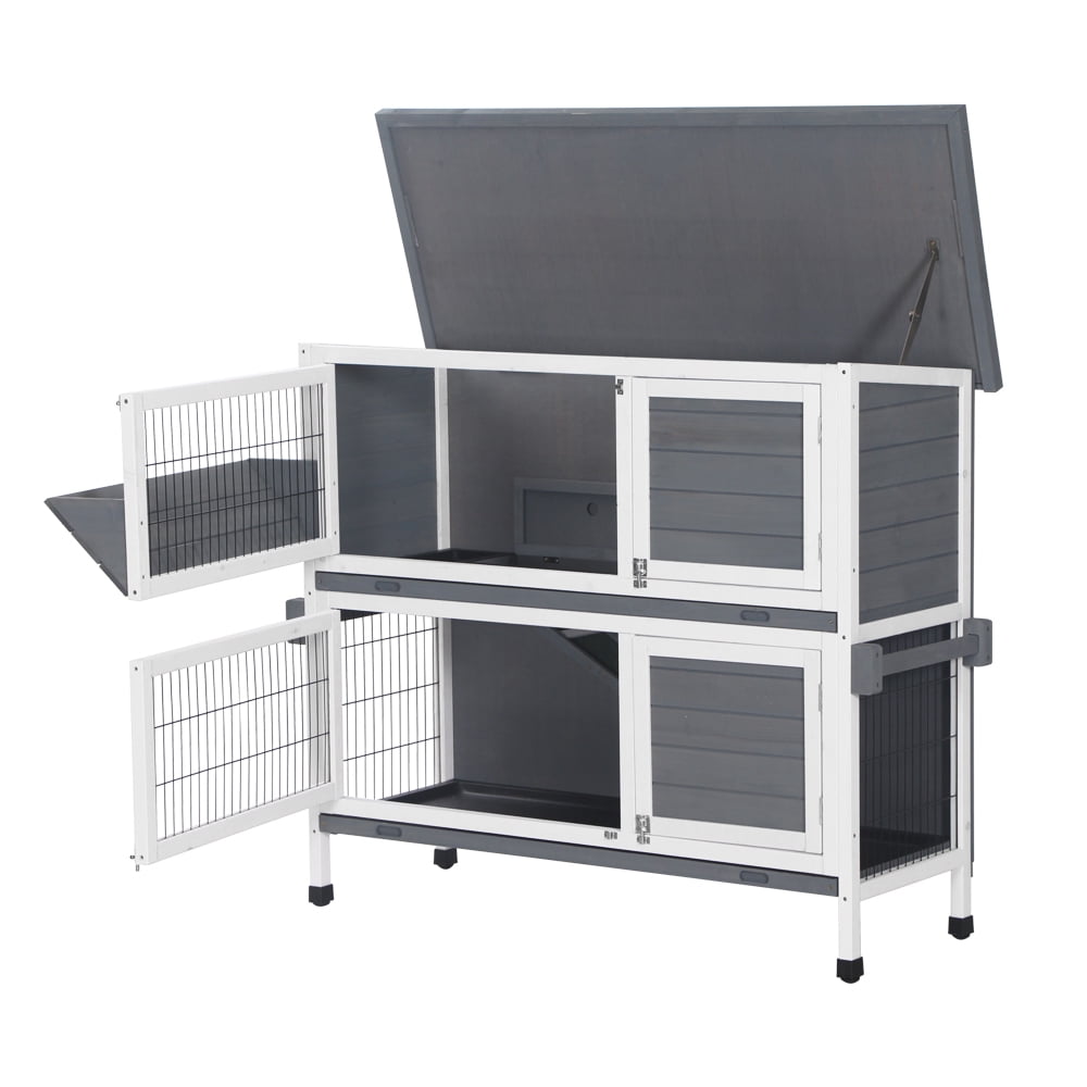 Lowestbest 48" Two Floors Wooden Rabbit Hutch, Chicken Coop House Wooden, Small Animal Cage with Ramp and Tray, White&Gray Lowestbest 48" Two Floors Wooden Rabbit Hutch, Chicken Coop House Wooden, Small Animal Cage with Ramp and Tray, White&Gray