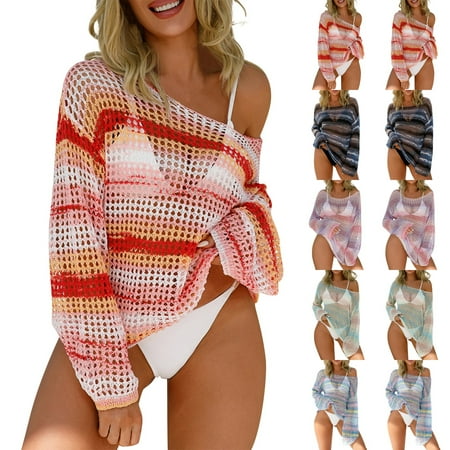 LHOPY Crochet Cover Up for Women 2025 Stripe Swimsuit Summer Bathing Suit Swim Hollow Out Bikini Swimwear Mesh Knit Beach Dress - Watermelon Red XL