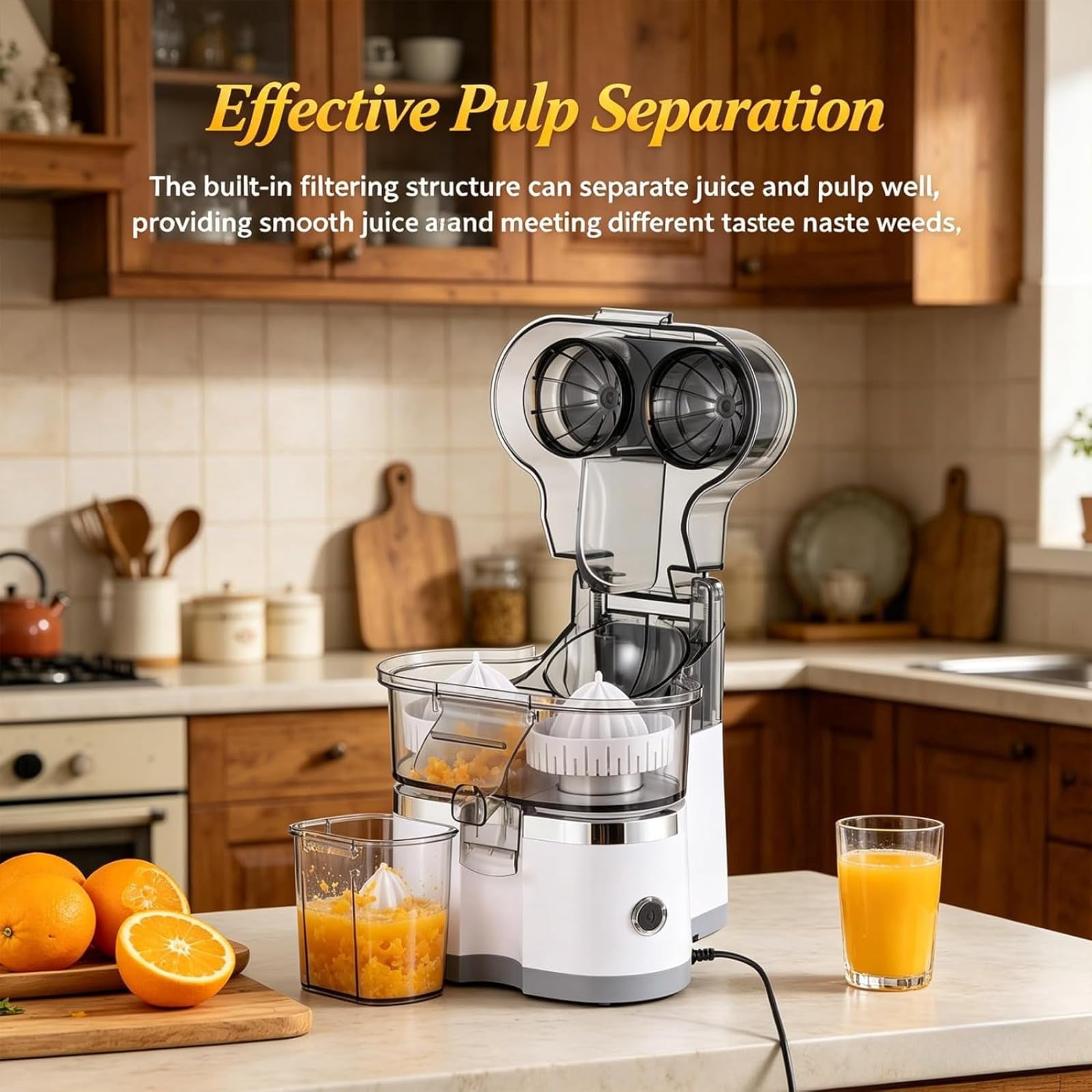 Dual-Head Automatic Citrus Juicer, Electric Orange Juicer Machine with Built-in Cutter and Cleaning Brush, One-Touch Juicing for Orange, Lemon, Lime, Detachable, Easy to Clean