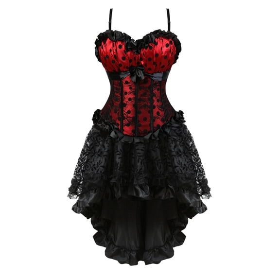 Grebrafan Polka Dot Corsets Bustiers with Steampunk Skirt Women 5XL Red