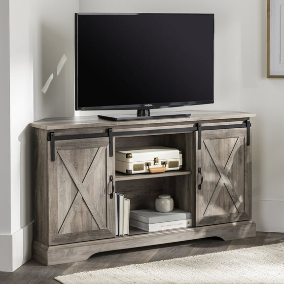 Walker Edison Modern Farmhouse Sliding Door Corner TV Stand, Grey Wash