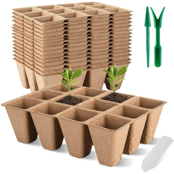 15 Packs Seed Starter Tray,180Cells Peat Pots,Biodegradable Pots for Seedlings,Organic Pot Plant Starter Trays Kit for Vegetable & Flower Seeding with 15 Plant Labels,2 Garden Tools