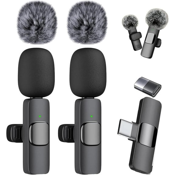Wireless Noise-Reducing Mic Set, 2 Pack Wireless Lavalier Microphone, Lapel Mic Plug and Play, Long Battery Life & Easy to Carry, for Video Recording Interview (2 Pack)