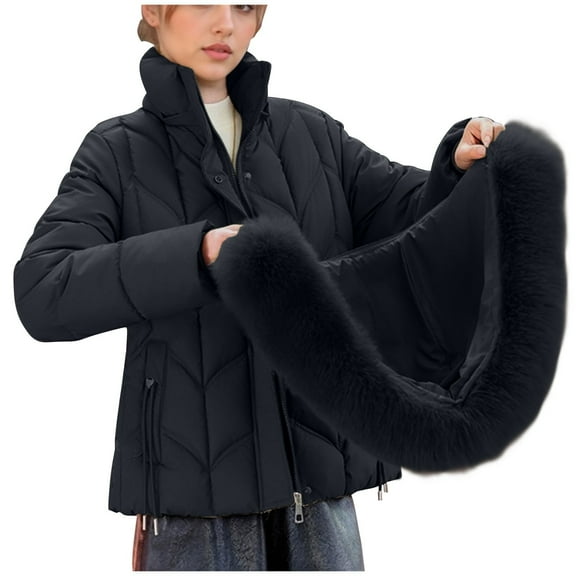 Sriper Women Winter Coats Thermal Zip up Long Sleeve Padded Jacket Fuzzy Hooded Stand Collar Windproof Quilted Jackets Loose Fit Soild Thicken Warm Outerwear 2025 Fashion Snow Coats with Pockets