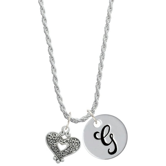 Delight Jewelry Antiqued Reptile Print Open Heart Silvertone Script Initial Disc - G - Charm Necklace, 20"+3"
