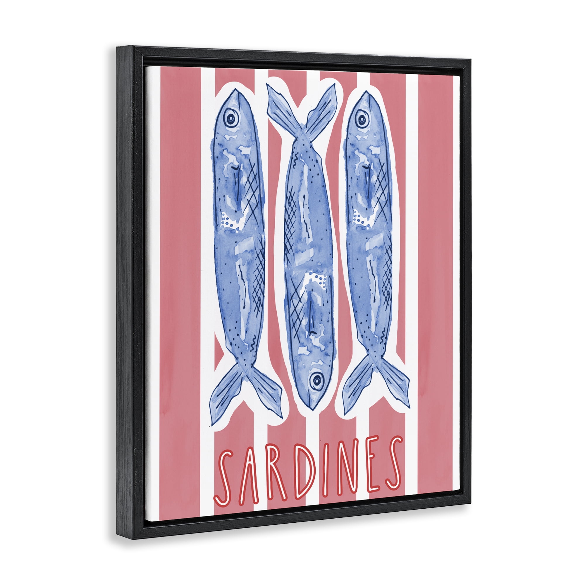 Stupell Industries Americana Sardines on Pink Stripes Black Framed Floater Canvas Wall Art, design by Nola James