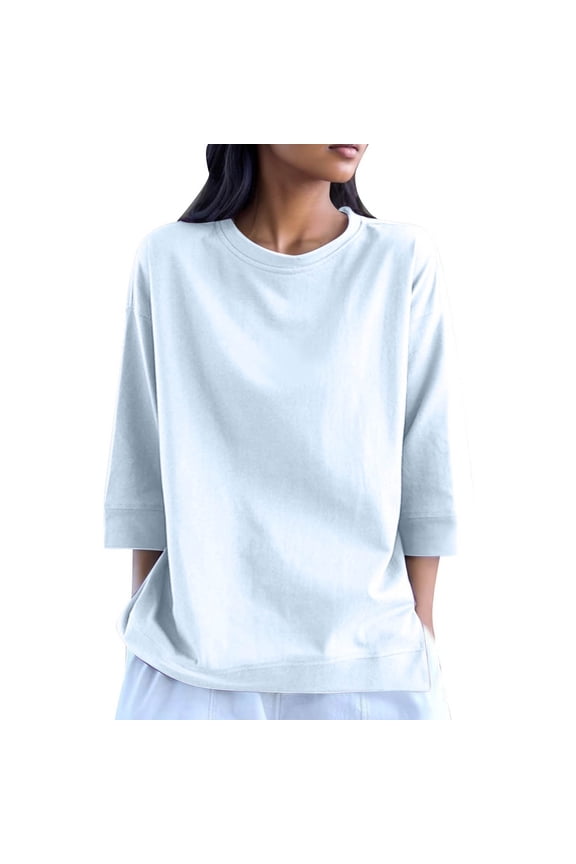 3/4 Sleeve Tops for Women Crew Neck Drop Shoulder Fall Casual Loose Basic Top Tees T Shirts