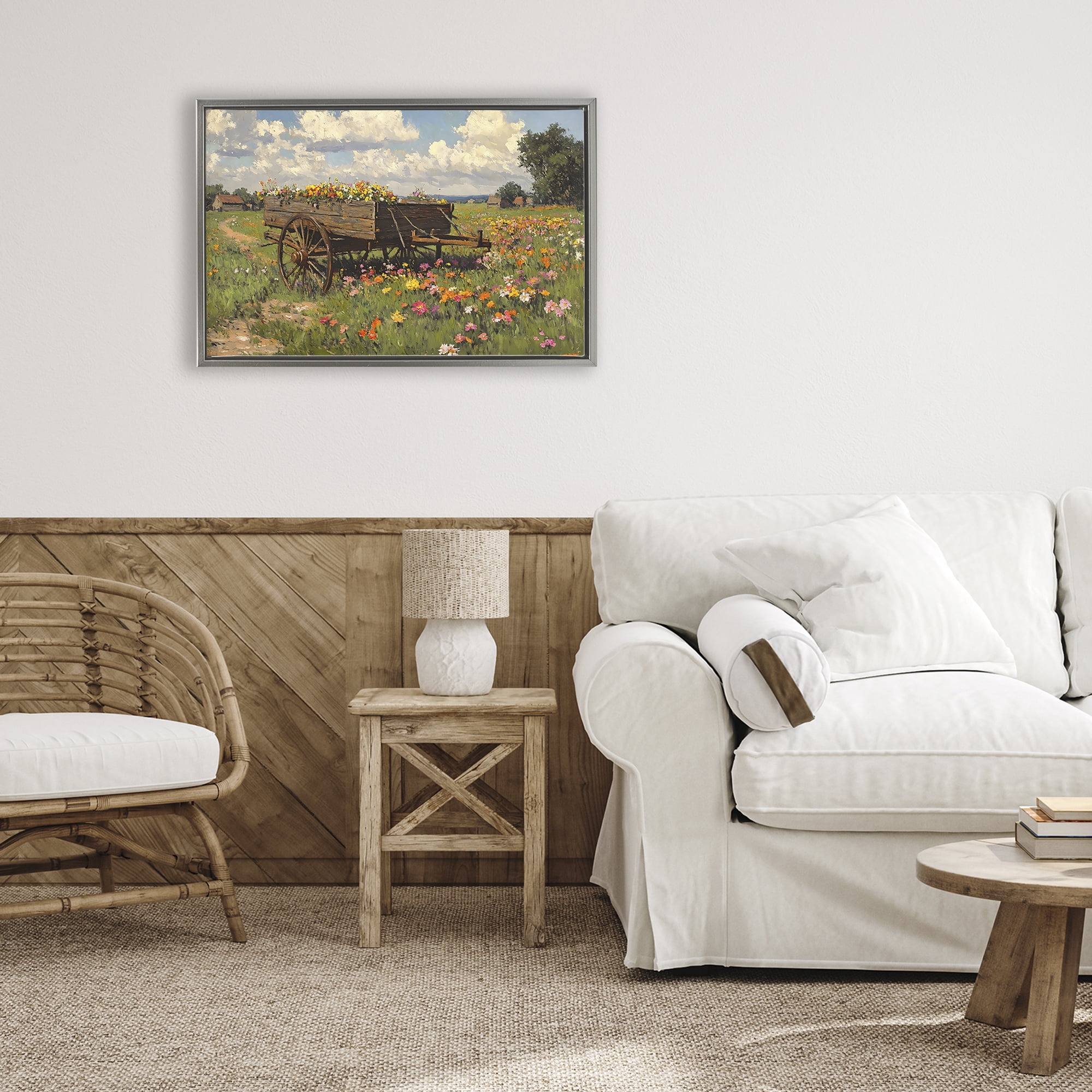 Stupell Industries Wildflower Wagon in Bloom Gray Framed Floater Canvas Wall Art, design by Franklyn Gregory