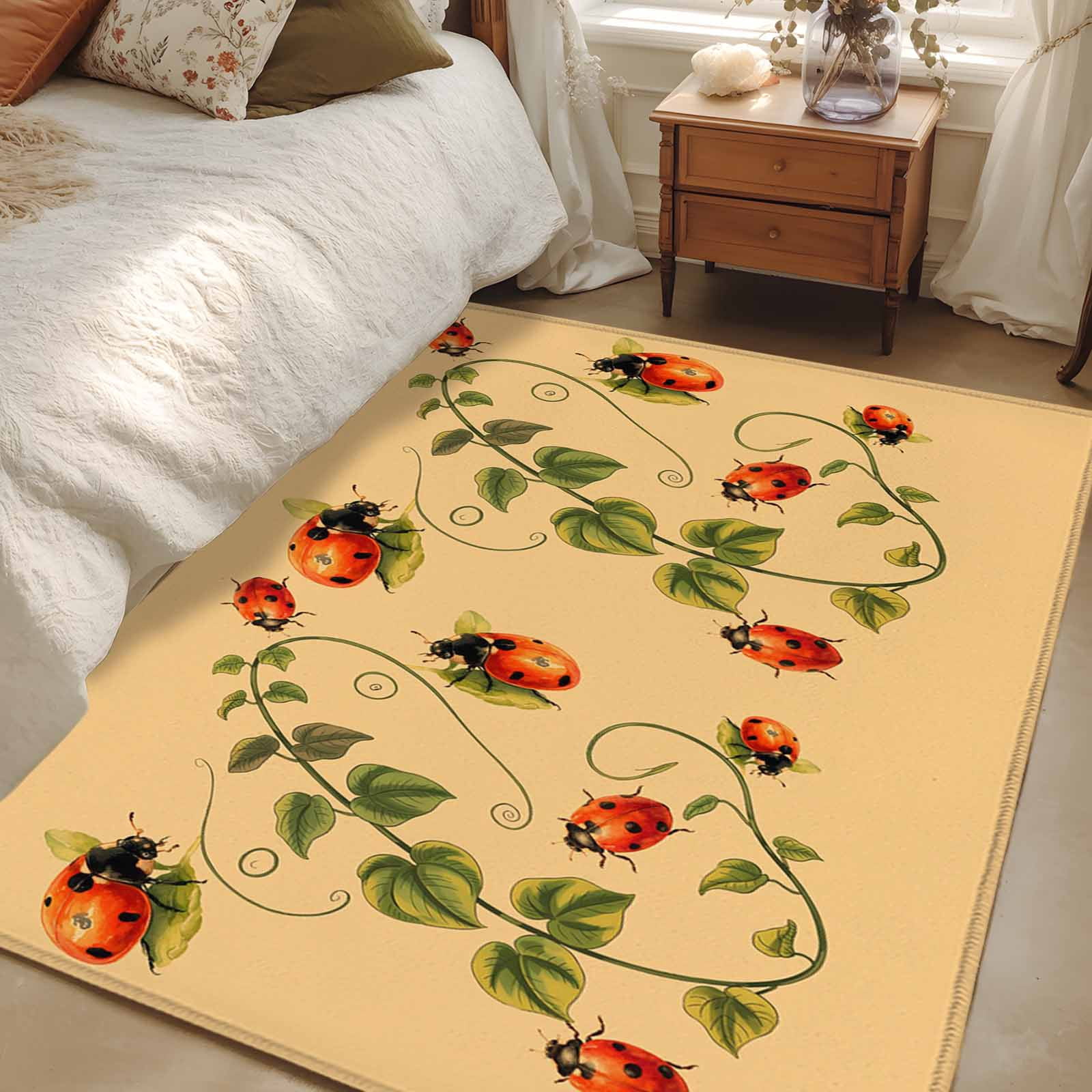 Ladybugs Eucalyptus Area Rugs 2.7'x5', Washable Small Throw Rugs for Kitchen Bedroom, Spring Botanical Leaves Yellow Indoor Outdoor Rug Non-Slip Low Pile Carpet Runner Reversible Floor Mats