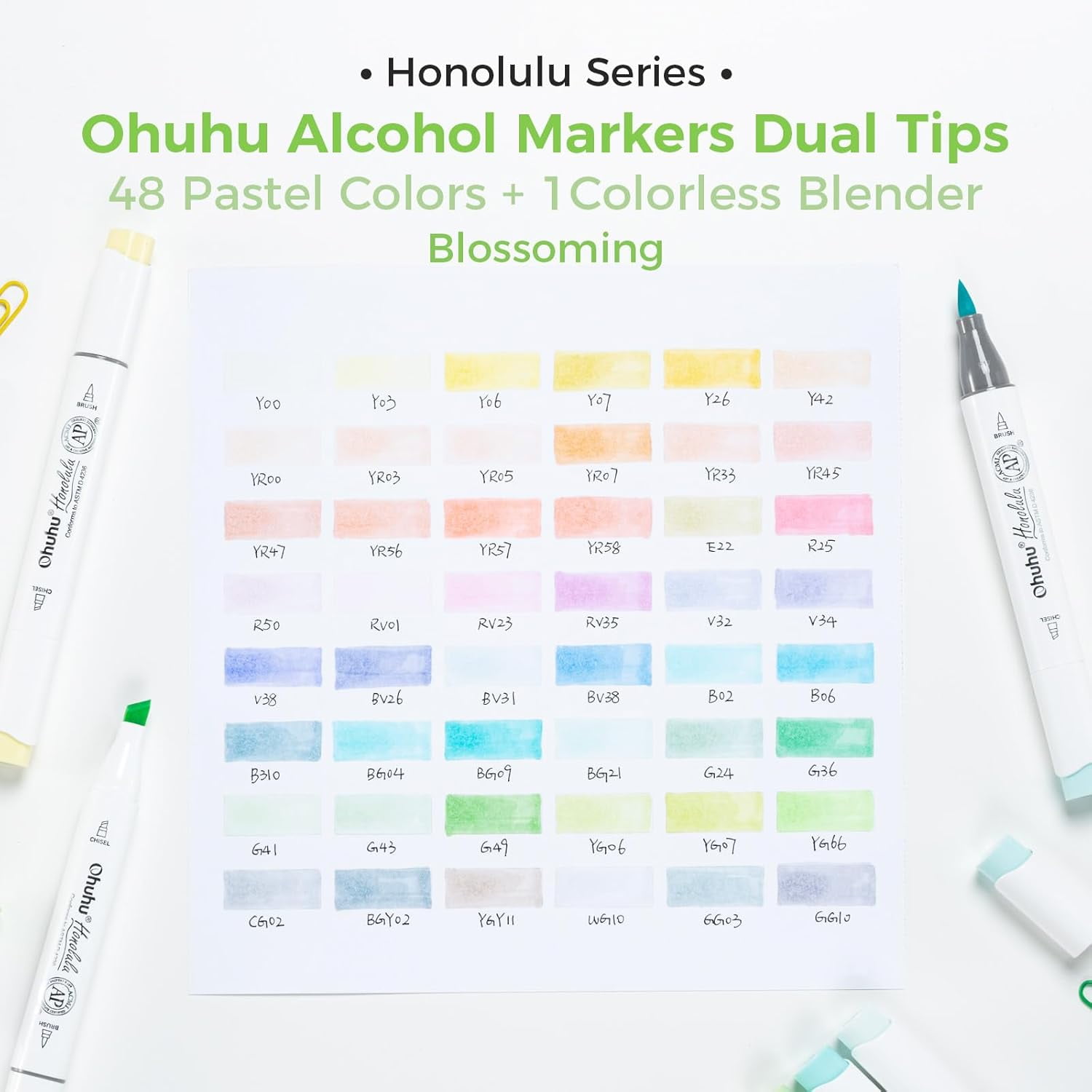 Ohuhu Pastel Alcohol Brush Markers- 48 Pastel Colors of Honolulu Blossoming- Brush & Chisel Dual Tips- Refillable-New Color Codes