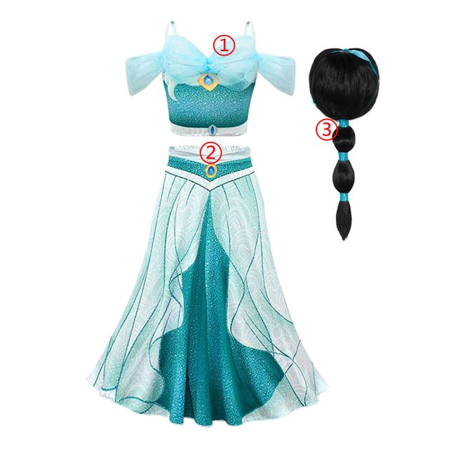 Disney Jasmine Dress Aladdin Princess Magic Lamp Girls Birthday Party Cosplay Costume Top+Pant+Headband Carnival Clothes Vestido5-6T(Size130) Gao Jinjia LED