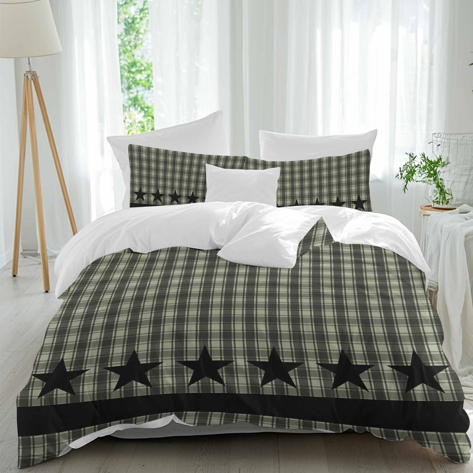 Sage Green Black Plaid Bedding 3 Piece Duvet Cover Set Twin Size, Vintage Star Buffalo Check Rustic Soft Microfiber Comforter Cover with Zipper Closure & Pillowcases, FadeResistant Quilt Cover
