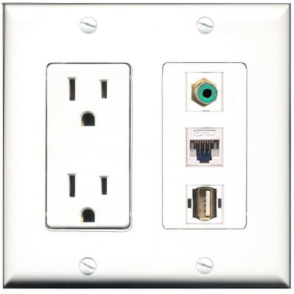 RiteAV - 15 Amp Power Outlet 1 Port RCA Green 1 Port USB A-A 1 Port Cat5e Ethernet White Decorative Wall Plate