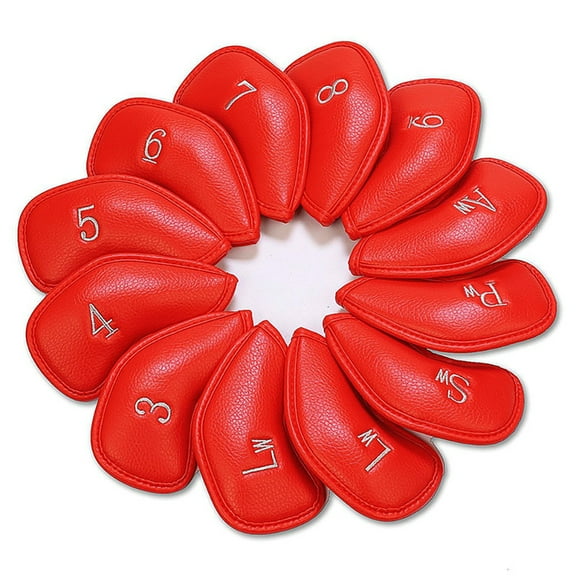 12Pcs Golf Club Leather Cover Golf Iron Head Protective Covers Waterproof Golf Club Head Cover with Identification Numbers Red
