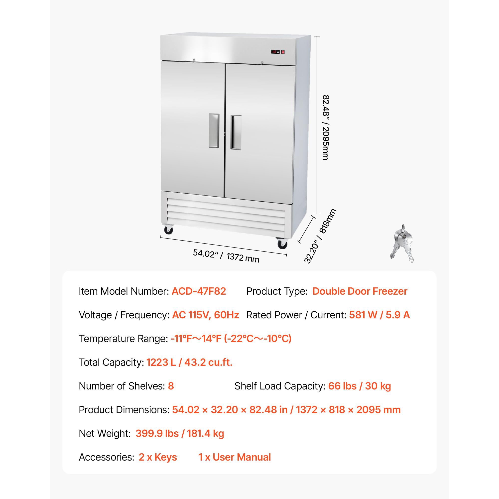 KFFKFF Commercial Stainless Steel Upright Freezer, 54" Wide, 44 Cu.Ft Capacity with Double Doors, Auto-Defrost, 8 Adjustable Shelves, -11 to 14℉ Temperature Range, ETL Certified