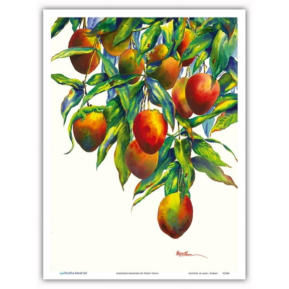 Backyard Mangoes - Hawaiian Mangos and Geckos (Kapili) - From an Original Hawaii Watercolor Painting by Peggy Chun - Master Art Print (Unframed) 9in x 12in