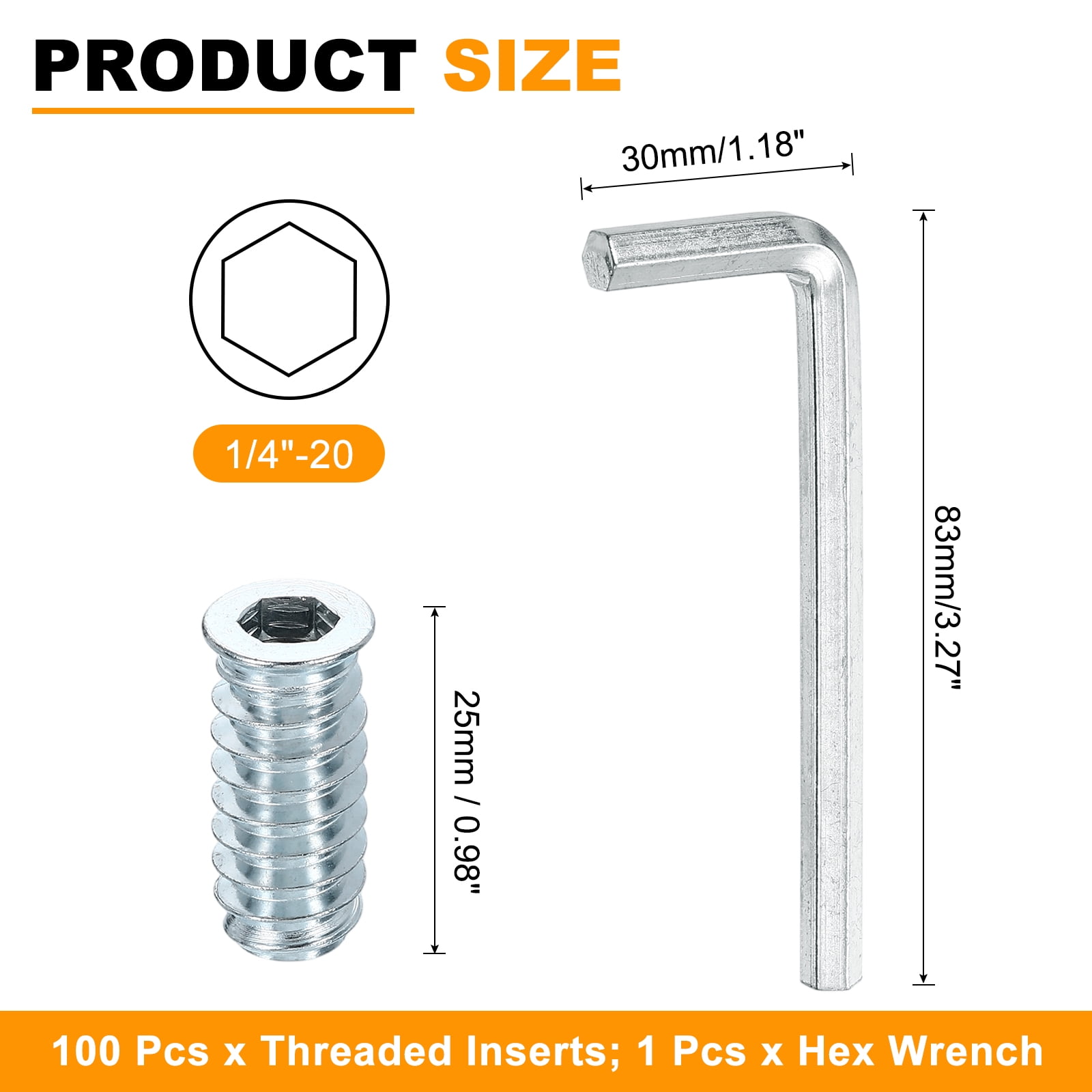 100 Pcs Threaded Insert for Wood, 1/4 - 20 Threaded Studs 25mm Length, Silver
