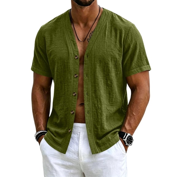 Sewkxo Men's Linen Shirts Short Sleeve Casual Shirts Button Down Shirt for Men Beach Summer Shirt,Army Green XL