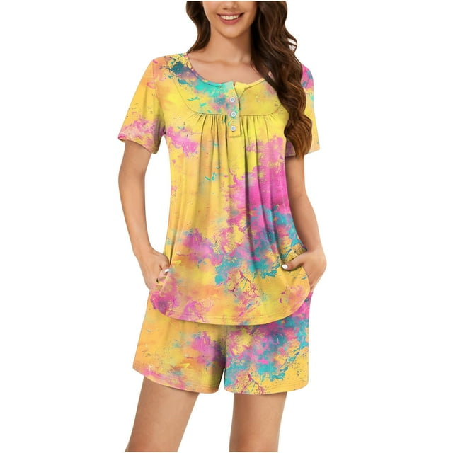 Birdeem Ensembles de Pyjama pour Femmes 2 Pcs Femmes Décontracté Col Rond Imprimé Manches Courtes Blouse Mode Pantalon Ensemble de Pyjama