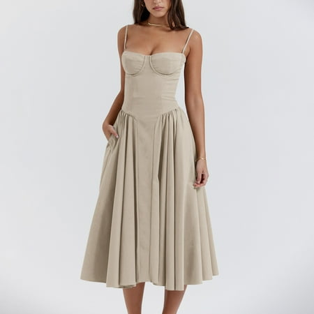 TKing Fashion Corset Dress for Women Summer Beach Maxi Dress Sleeveless Sexy Low Cut Dress Solid Flowy Y2K Dress Square Neck Dresses Coffee XL