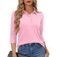 thumbnail image 2 of Qwertyu Polo Shirts for Women 3/4 Sleeve Tops Golf Tees Button Collared Cotton Shirt Business Casual Pink L, 2 of 5